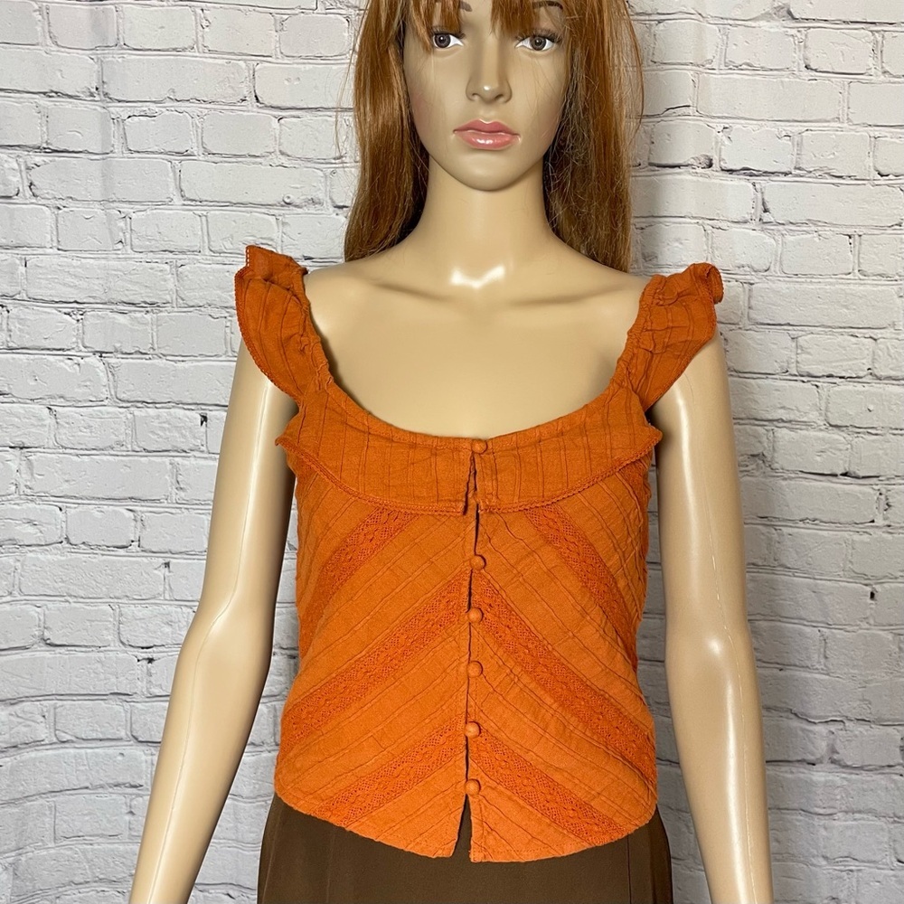 Free People Rust Orange Riviera Ruffled Square-Neck Button Front Crop Top - Picture 2 of 9